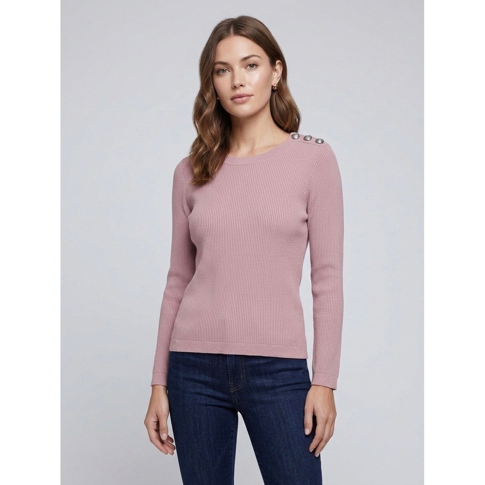 L'AGENCE Dusty Rose Ribbed Knit Shoulder Button Sweater S8668TXN Pink Large